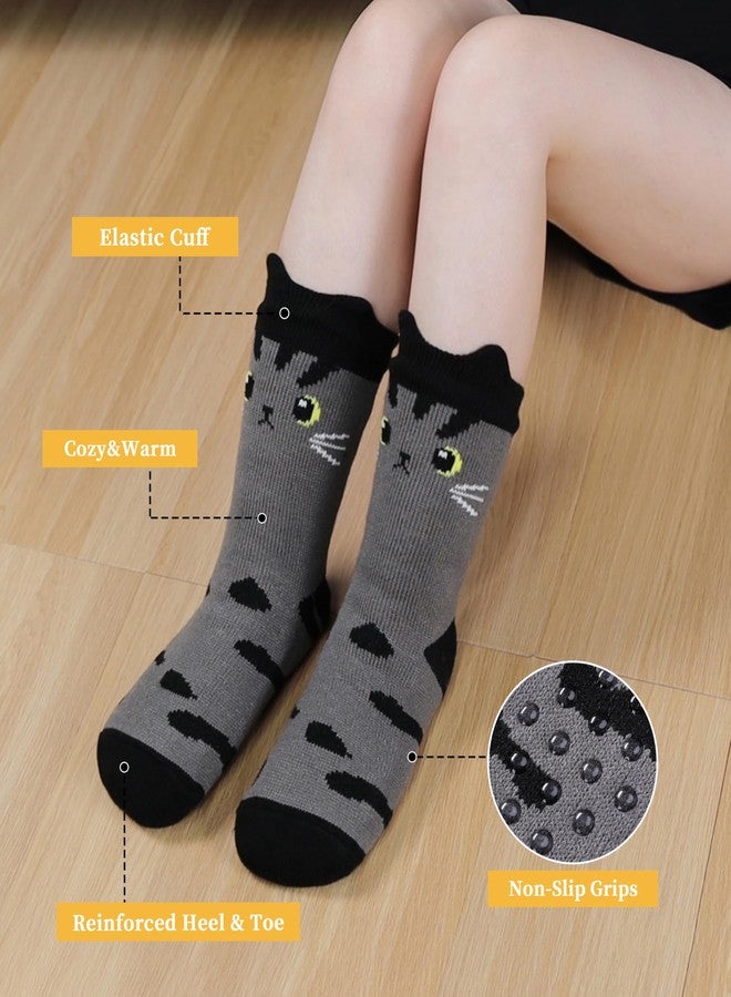 جوارب FNOVCO Cat Socks الناعمة للنساء مع مشابك مانعة للانزلاق، جوارب دافئة ومريحة مبطنة بفرو الشيربا (رمادي وأسود، 5-9) - Image 3